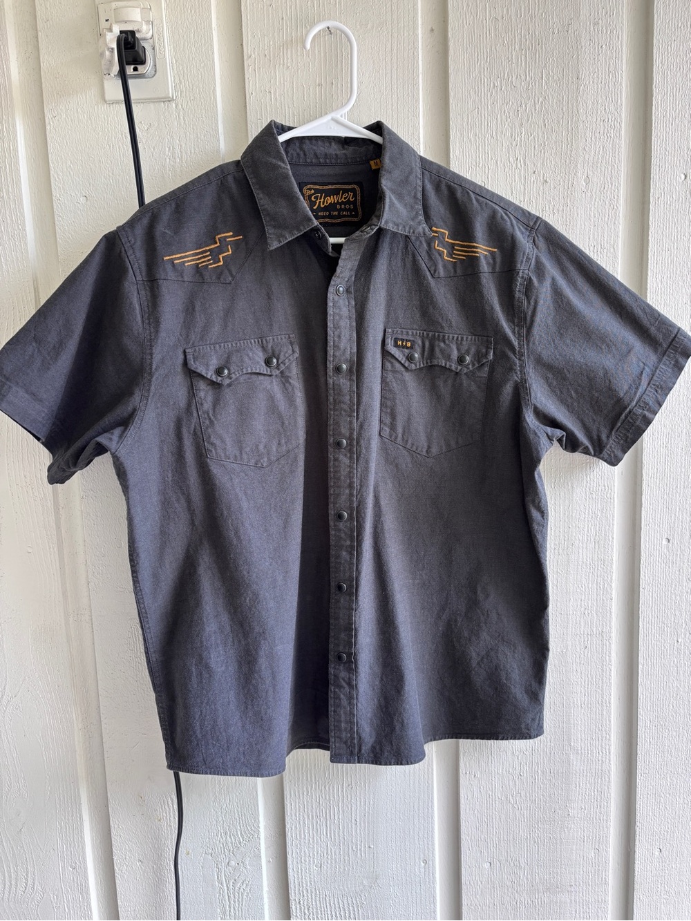 Howler Brothers Short-Sleeve Button-Down Shirt in Charcoal with Gold Embroidery